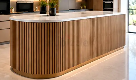 Modern Kitchen Island with Marble Top and Wood Slatted Base