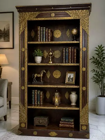 Marina Home Vintage Moroccan-style Wooden Bookcase with Brass Inlay - Tall Shelving