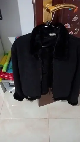 Black faux-fur trimmed women's jacket - size unknown, good condition