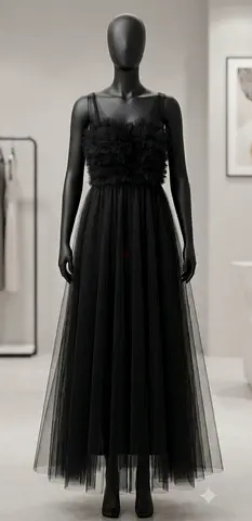 Black Tulle Maxi Dress with Ruffled Bodice - Size Unknown