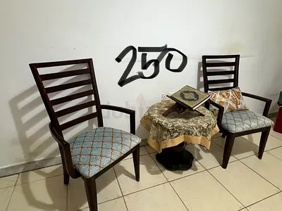 Pair of wooden dining chairs with patterned upholstery
