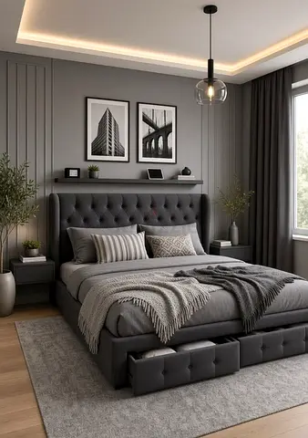 Modern Upholstered Bed Frame with Storage Drawers