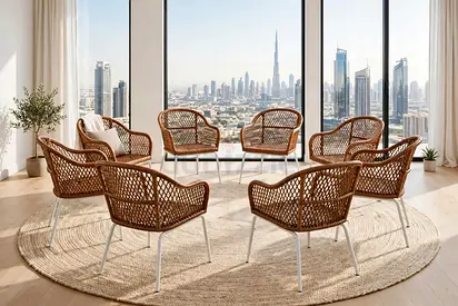 Set of 8 Wicker Rattan Dining/Patio Chairs - Light Brown with White Legs
