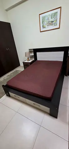 Queen size wooden bed frame with storage drawers - dark finish
