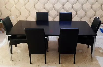6-Seater Black Dining Table with Upholstered Chairs - Good Condition