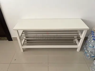 IKEA White entryway bench with metal shoe racks - compact and sturdy