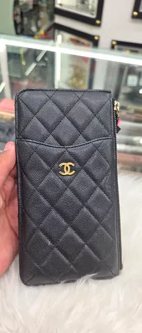 Black Quilted Zip Wallet with Gold CC Accent