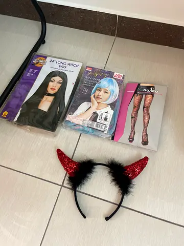Halloween costume accessories set — wigs, fishnet stockings and devil headband