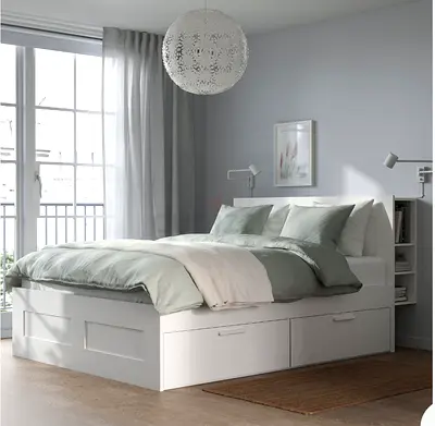 White single bed with built-in drawers and side shelves and mattress (medium firm) - good condition