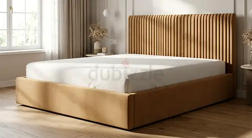 Upholstered King Size Bed with Vertical Slatted Headboard - Beige