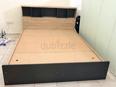 Move out sale Double bed frame with storage headboard - light wood & grey
