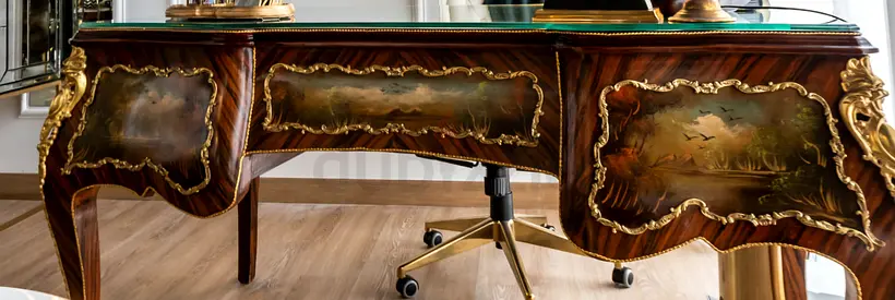 Antique Ornate Wooden Desk with Hand-Painted Panels and intrecit brass carvings