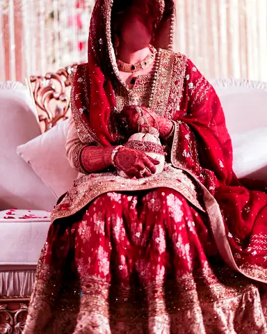 Women's traditional red and gold embroidered lehenga, shirt with dupatta - size M (preowned)