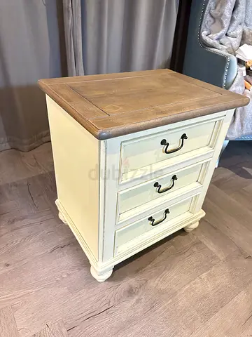 Wood Top Cream Nightstand with Three Drawers