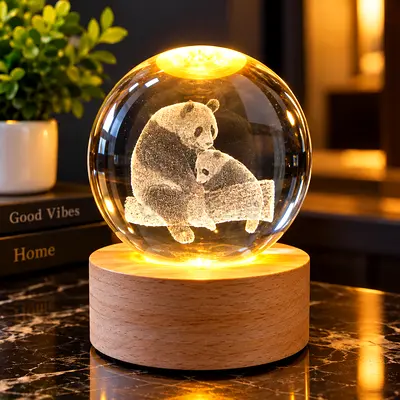 Crystal LED Night Lamp with 3D Engraving on Wooden Base