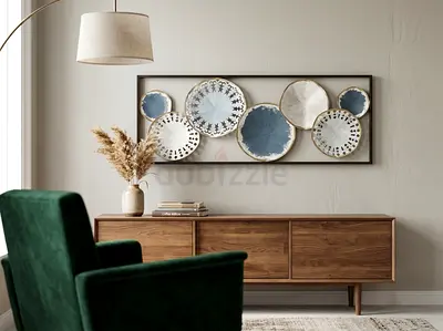 Decorative Rustic Metal Wall Art with Blue and Gold Circular Plates (Framed)