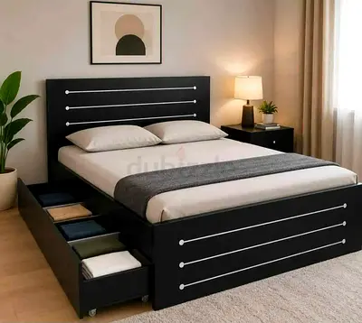 New Queen size black wooden storage bed with headboard and side drawers