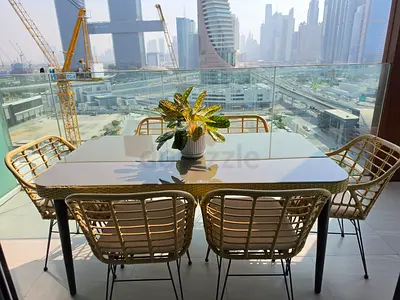 6 seater Outdoor Rattan dining table set with 6 woven chairs - good condition