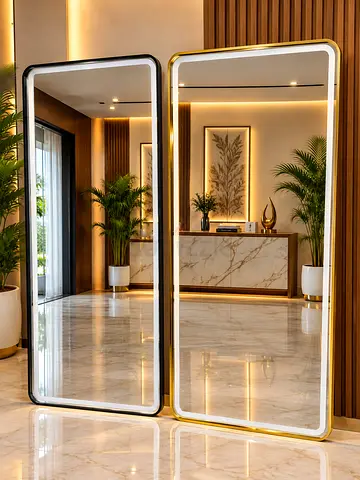 Full-Length Modern LED Floor Mirror with Gold & Black Frame