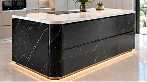Modern Black Kitchen Island with White Stone Countertop