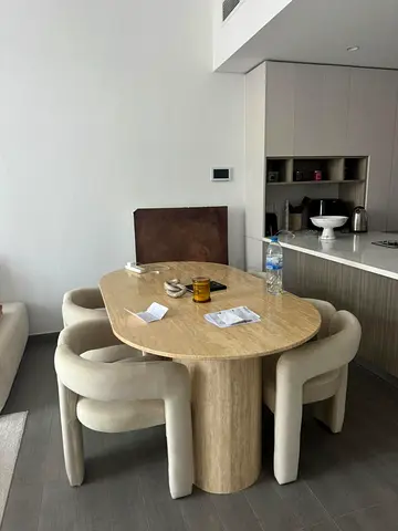 Beige Curved Accent Armchair,Modern Upholstered Living Room Chair+Marble dinning table