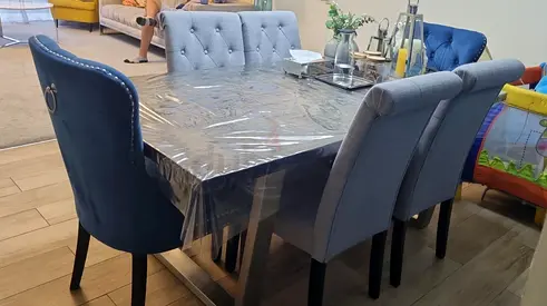 Wooden Dining Table with 6 Upholstered Chairs — Good Condition