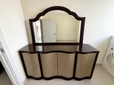 Sideboard Console with Mirror – Dark Wood, Champagne Fluted Doors