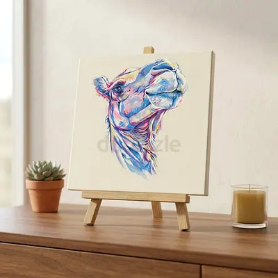 Small Colorful Camel Painting on Canvas with Mini Easel