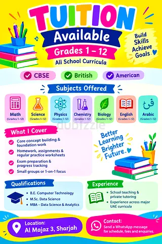 Experienced Female Tutor in Al Majaz 3 (Grades 1–12) | CBSE, British, American Australian, IB