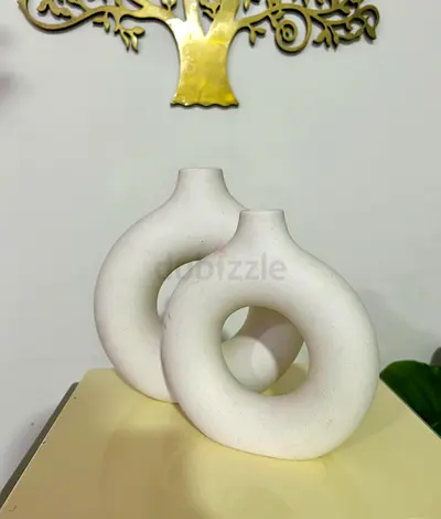 Pair of modern white donut ceramic vases - decorative set