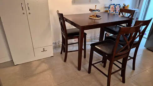 Solid Wooden 4-Seater Dining Table with Cushioned Chairs - Dark Brown