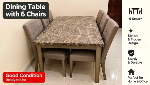 6-Seater Marble Top Dining Table with Upholstered Chairs - Good Condition