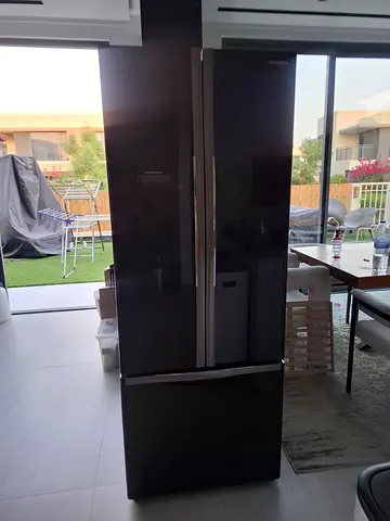 Hitachi 3-Door French Door Refrigerator - Black Glass, Good Condition