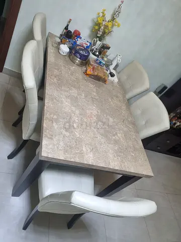 6-Seater Dining Table with Marble Top and Cream Leather Chairs