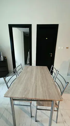 Wooden-look Dining Table with 4 Metal Chairs - Compact Set