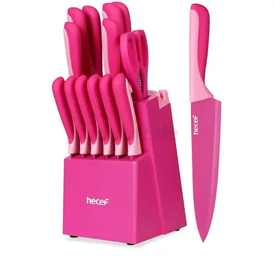 Pink 15-piece Kitchen Knife Set with Block (Hecef-style)