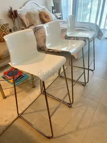 Set of 3 Modern White Bar Stools with Chrome Legs