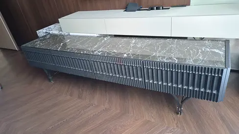 Long modern TV/Entertainment cabinet with marble top - grey