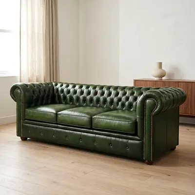 Classic Dark Green Leather Chesterfield 3-Seater Sofa