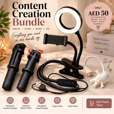 Content Creation Bundle — Ring Light with Phone Holder, Tripod Handles & USB Light