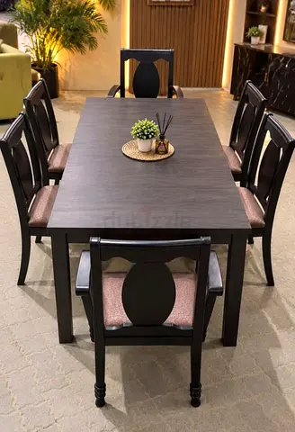Solid Wood 6-Seater Dining Table with Chairs - Dark Finish
