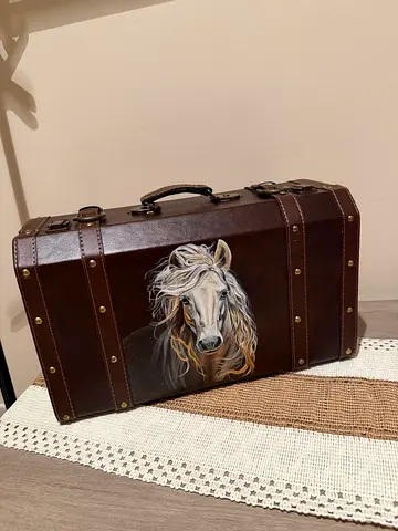 Vintage Style Brown Leather Trunk with Horse Hand paint