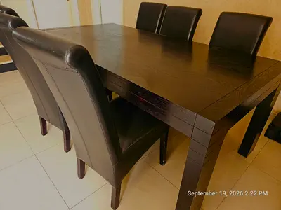 Solid Dark Wood Dining Table with 6 Leather Chairs - Garage Sale