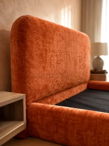 Modern Upholstered Bed Frame in Burnt Orange Fabric