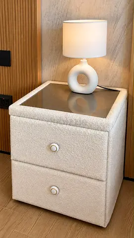 Cream Bouclé Nightstand with Modern Lamp