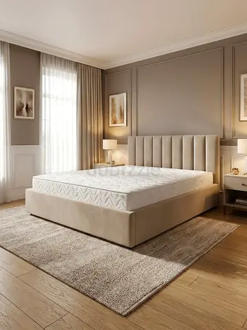 Beige upholstered queen bed frame with headboard