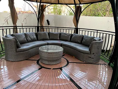 Curved Outdoor Wicker Sofa Set with Round Coffee Table - Good Condition