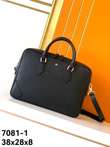 Mont Blanc Black Leather Briefcase with Removable Shoulder Strap - 38x28x8 cm
