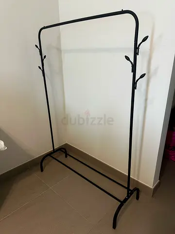 Black Metal Clothes Rack with Side Hooks & Shoe Shelf