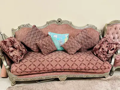 Vintage-style 3-seater sofa and matching 2 armchair set - pink velvet